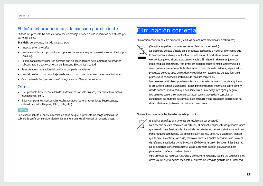 Samsung LC24B750XS/EN, LC27B750XS/EN manual Eliminación correcta, El daño del producto ha sido causado por el cliente, Otros 