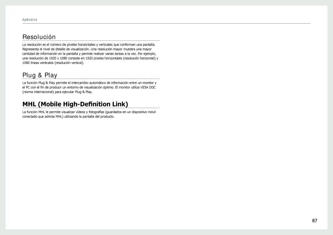 Samsung LC27B750XS/EN, LC24B750XS/EN, LC24B550US/EN manual Resolución, Plug & Play, MHL Mobile High-Definition Link 