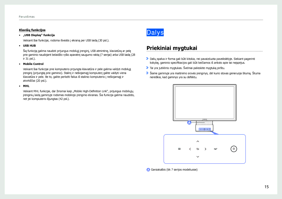 Samsung LC27B750XS/EN, LC24B750XS/EN, LC24B550US/EN manual Dalys, Priekiniai mygtukai, Klavišų funkcijos 