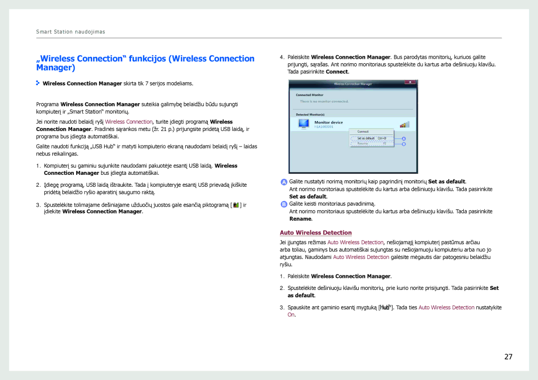 Samsung LC27B750XS/EN, LC24B750XS/EN „Wireless Connection funkcijos Wireless Connection Manager, Auto Wireless Detection 