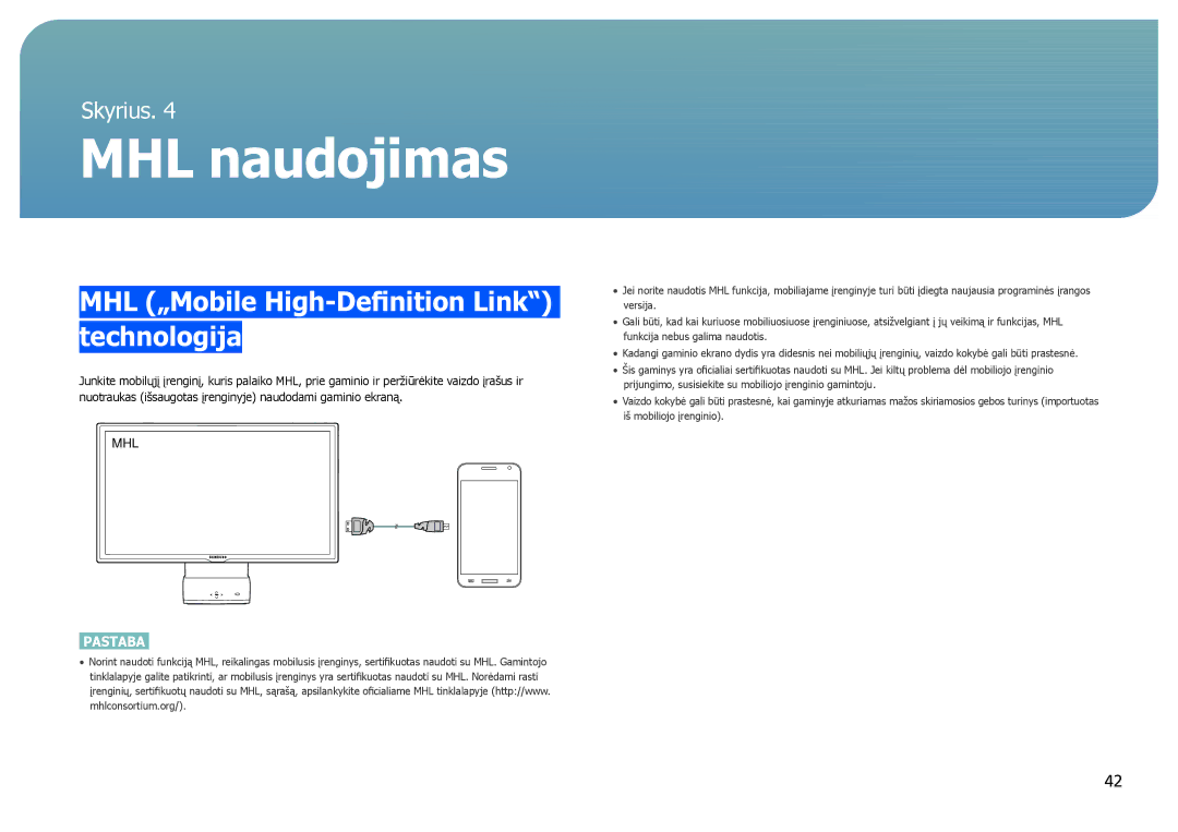 Samsung LC27B750XS/EN, LC24B750XS/EN, LC24B550US/EN manual MHL naudojimas, MHL „Mobile High-Definition Link technologija 