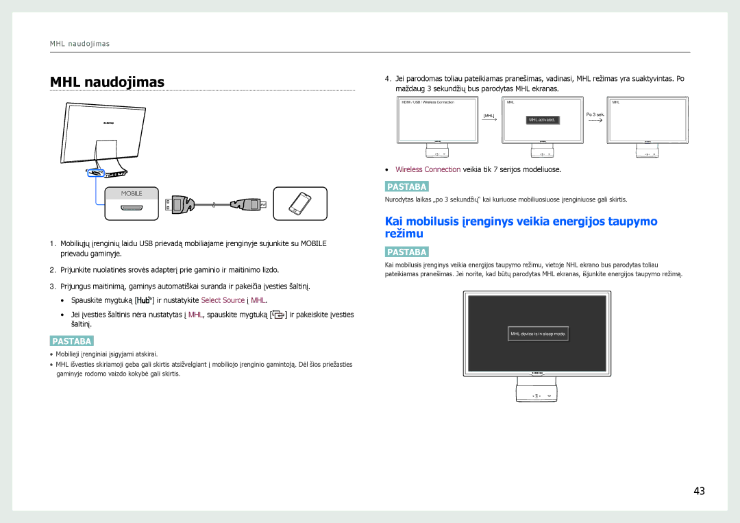 Samsung LC24B750XS/EN, LC27B750XS/EN, LC24B550US/EN MHL naudojimas, Kai mobilusis įrenginys veikia energijos taupymo režimu 