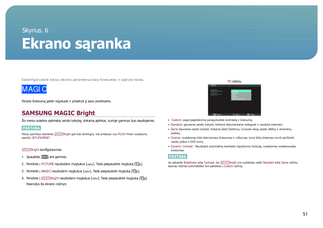 Samsung LC27B750XS/EN, LC24B750XS/EN, LC24B550US/EN manual Ekrano sąranka, Samsung Magic Bright 