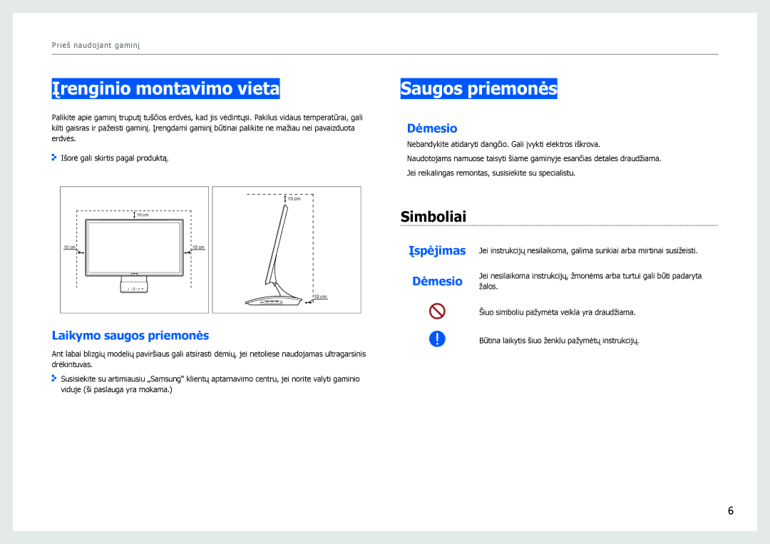 Samsung LC27B750XS/EN, LC24B750XS/EN, LC24B550US/EN manual Įrenginio montavimo vieta, Saugos priemonės, Simboliai 