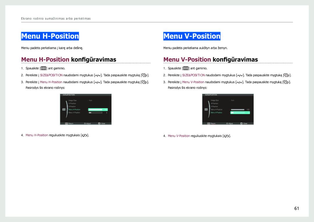 Samsung LC24B750XS/EN, LC27B750XS/EN, LC24B550US/EN manual Menu H-Position Menu V-Position, Menu H-Position konfigūravimas 