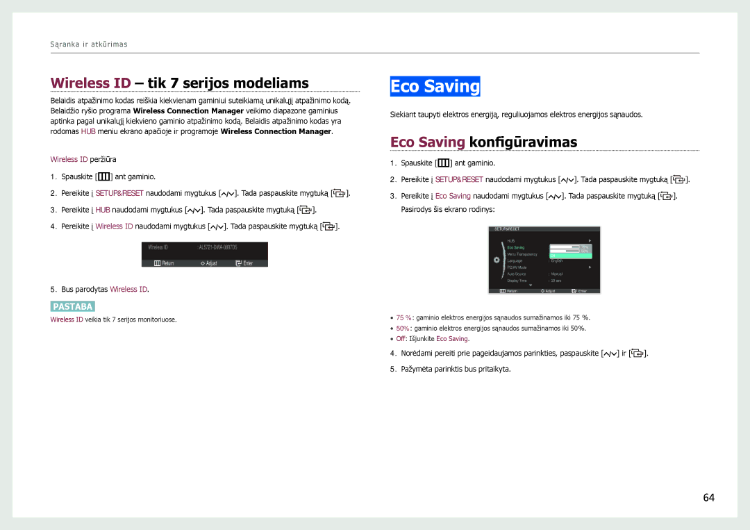 Samsung LC24B750XS/EN, LC27B750XS/EN, LC24B550US/EN manual Wireless ID tik 7 serijos modeliams, Eco Saving konfigūravimas 