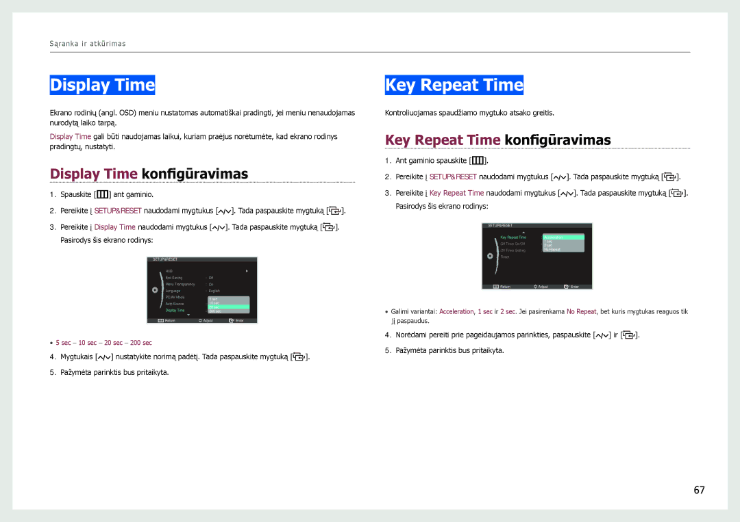 Samsung LC24B750XS/EN, LC27B750XS/EN, LC24B550US/EN Display Time konfigūravimas, Key Repeat Time konfigūravimas 