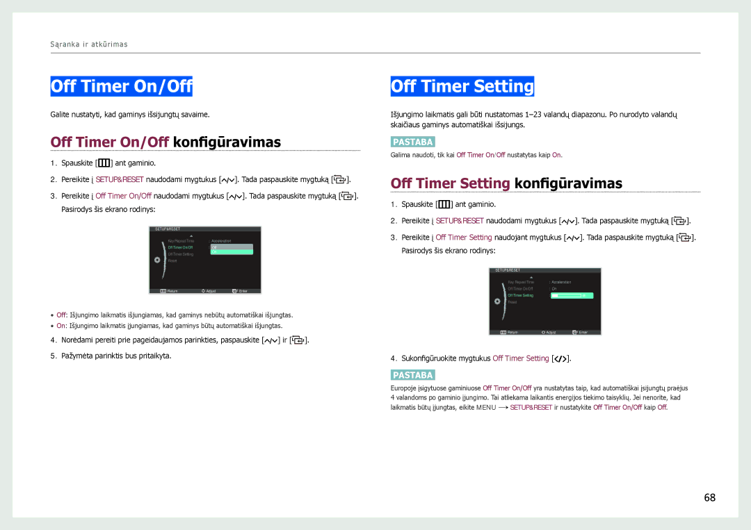 Samsung LC24B550US/EN, LC27B750XS/EN manual Off Timer On/Off konfigūravimas, Off Timer Setting konfigūravimas 