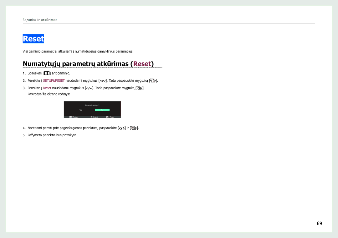 Samsung LC27B750XS/EN, LC24B750XS/EN, LC24B550US/EN manual Numatytųjų parametrų atkūrimas Reset 