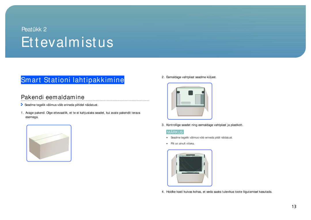 Samsung LC24B750XS/EN, LC27B750XS/EN, LC24B550US/EN manual Ettevalmistus, Smart Stationi lahtipakkimine, Pakendi eemaldamine 