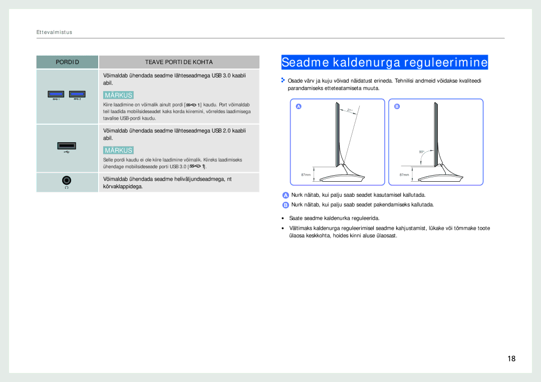 Samsung LC27B750XS/EN, LC24B750XS/EN, LC24B550US/EN manual Seadme kaldenurga reguleerimine 