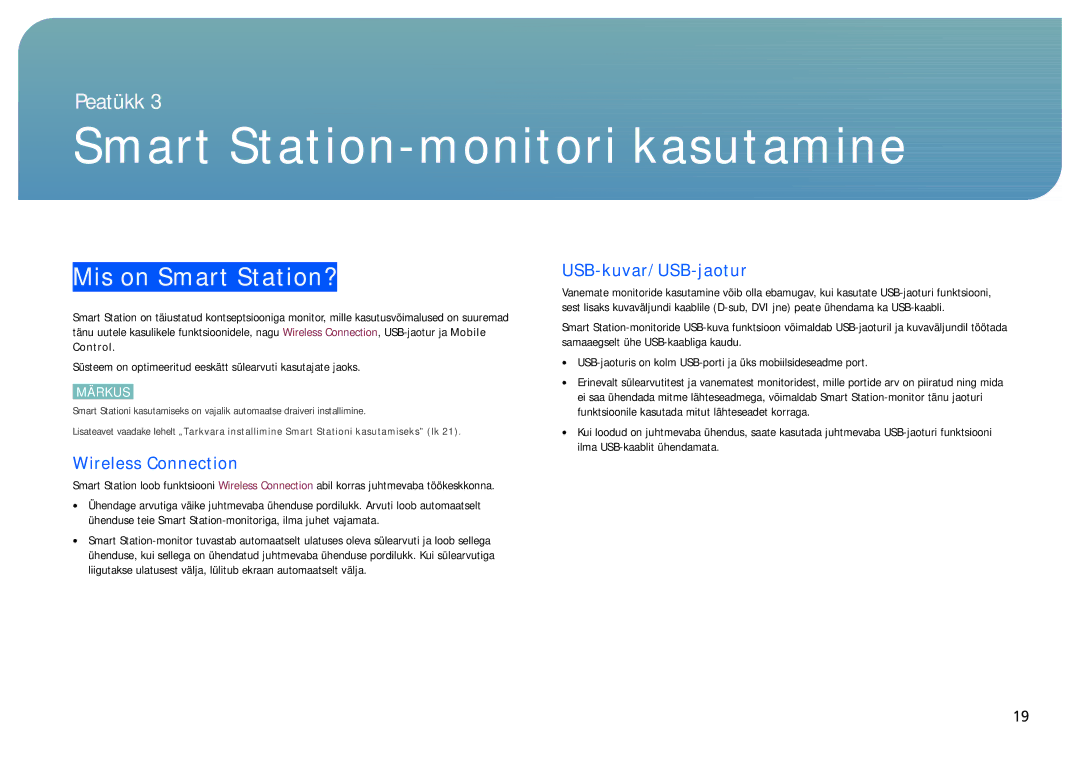 Samsung LC24B750XS/EN Smart Station-monitori kasutamine, Mis on Smart Station?, Wireless Connection, USB-kuvar/USB-jaotur 