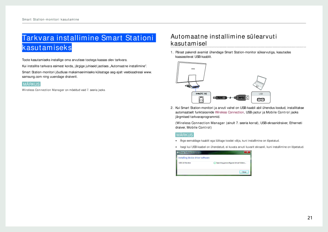 Samsung LC27B750XS/EN Tarkvara installimine Smart Stationi kasutamiseks, Automaatne installimine sülearvuti kasutamisel 