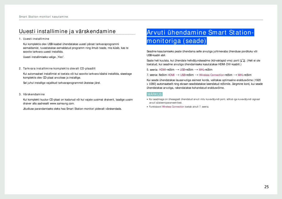 Samsung LC24B750XS/EN manual Arvuti ühendamine Smart Station- monitoriga seade, Uuesti installimine ja värskendamine 