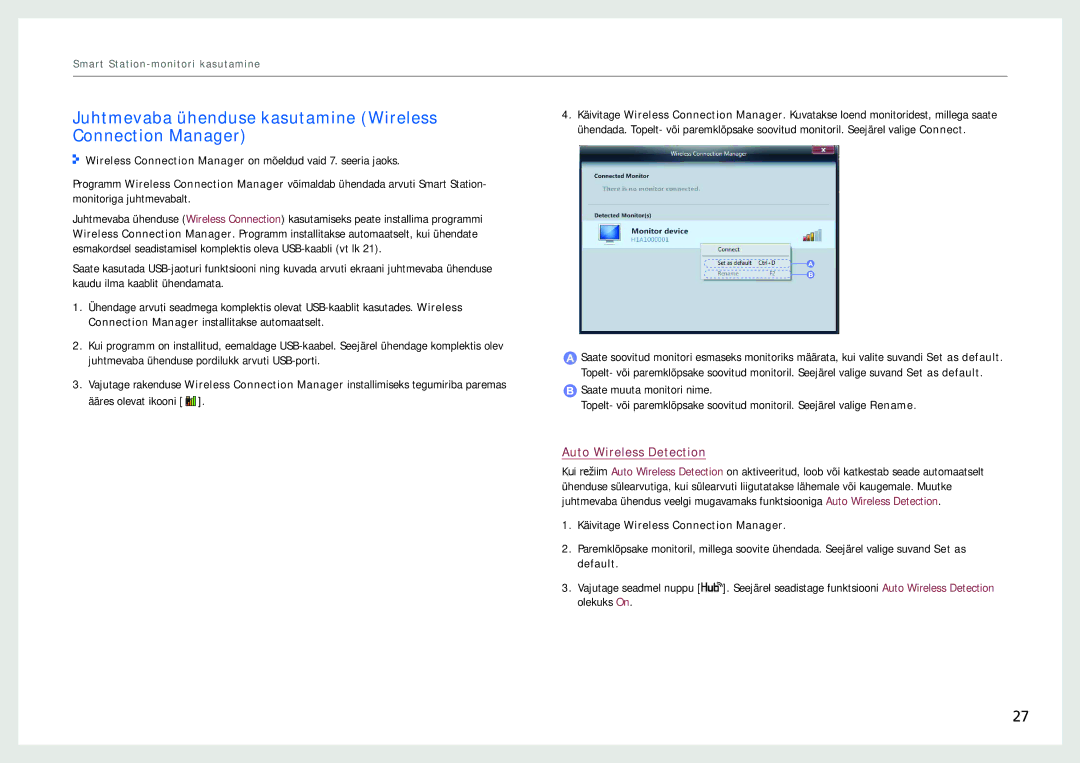 Samsung LC27B750XS/EN, LC24B750XS/EN Juhtmevaba ühenduse kasutamine Wireless Connection Manager, Auto Wireless Detection 