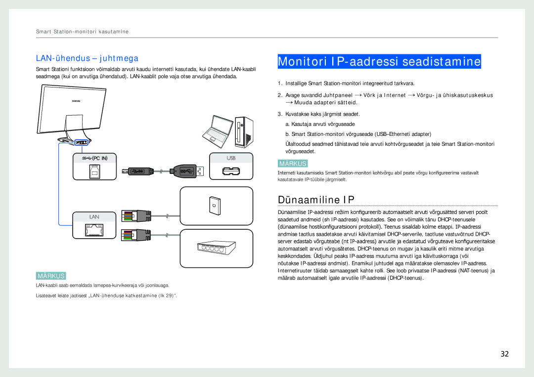 Samsung LC24B550US/EN, LC27B750XS/EN, LC24B750XS/EN Monitori IP-aadressi seadistamine, Dünaamiline IP, LAN-ühendus juhtmega 
