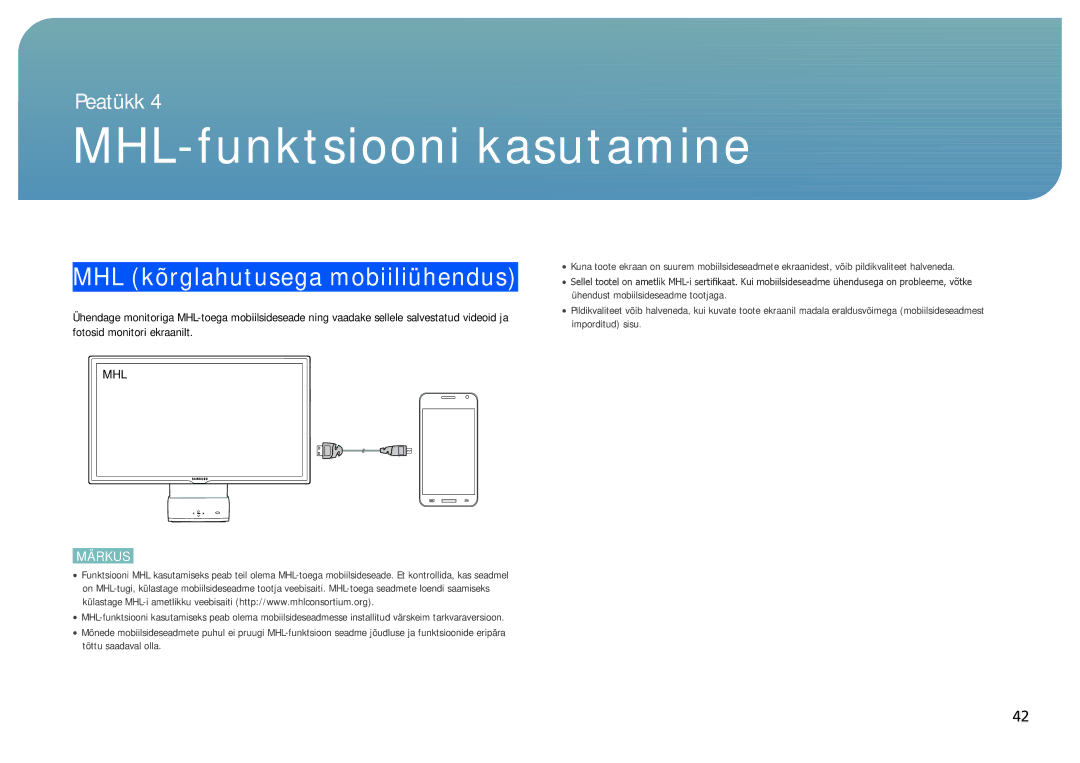 Samsung LC27B750XS/EN, LC24B750XS/EN, LC24B550US/EN manual MHL-funktsiooni kasutamine, MHL kõrglahutusega mobiiliühendus 