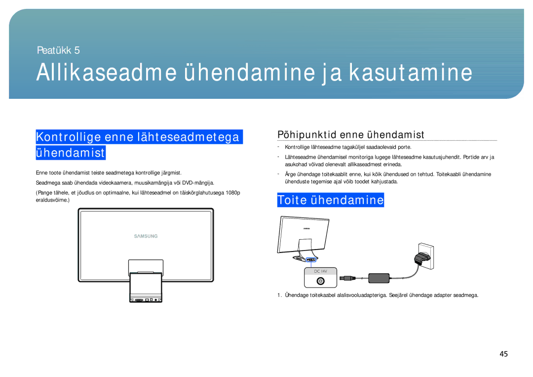 Samsung LC27B750XS/EN manual Kontrollige enne lähteseadmetega ühendamist, Toite ühendamine, Põhipunktid enne ühendamist 