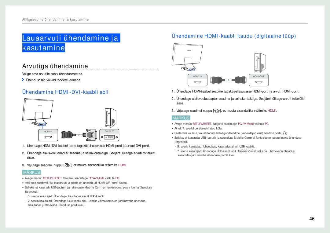 Samsung LC24B750XS/EN manual Lauaarvuti ühendamine ja kasutamine, Arvutiga ühendamine, Ühendamine HDMI-DVI-kaabli abil 