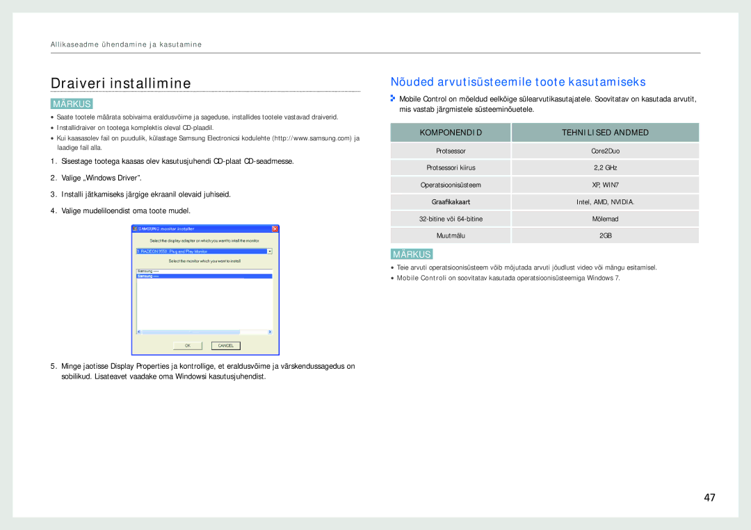 Samsung LC24B550US/EN, LC27B750XS/EN, LC24B750XS/EN manual Draiveri installimine, Nõuded arvutisüsteemile toote kasutamiseks 
