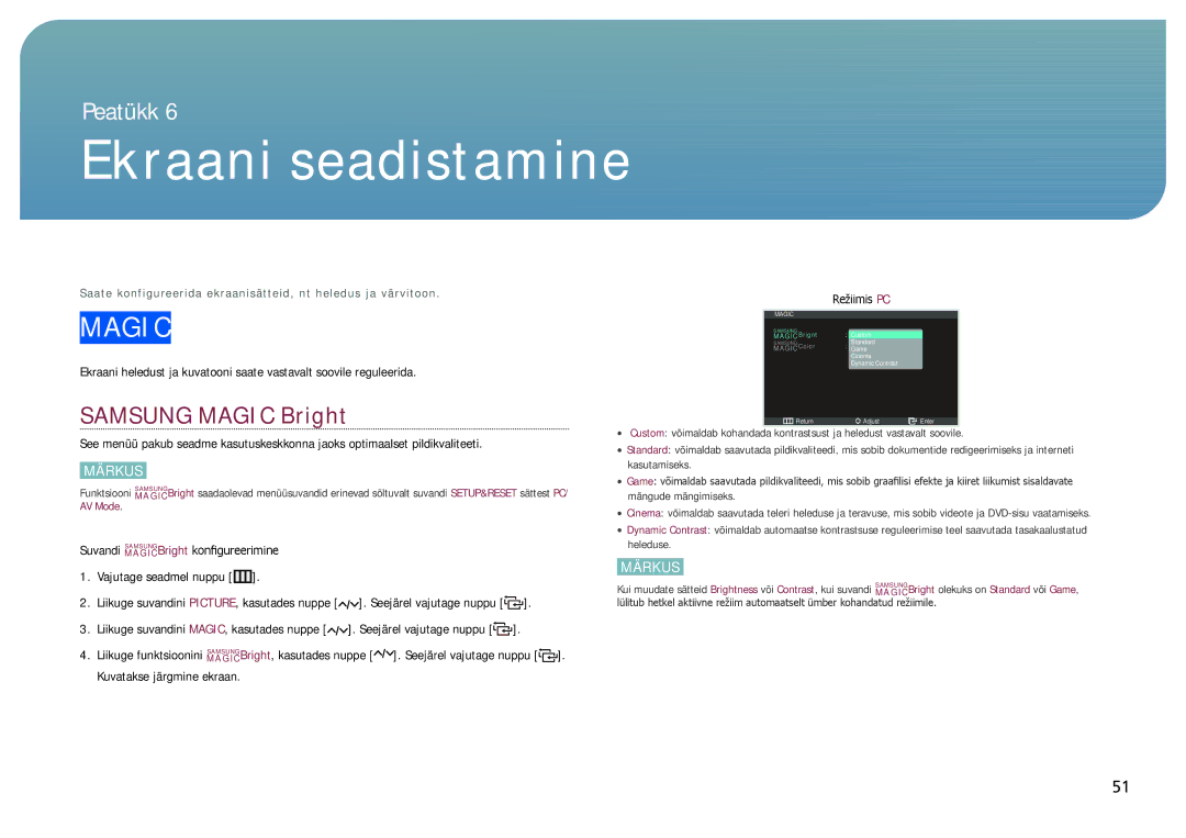 Samsung LC27B750XS/EN, LC24B750XS/EN, LC24B550US/EN manual Ekraani seadistamine, Magic 