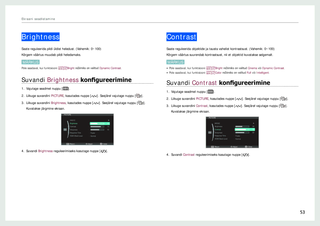 Samsung LC24B550US/EN, LC27B750XS/EN manual Suvandi Brightness konfigureerimine, Suvandi Contrast konfigureerimine 