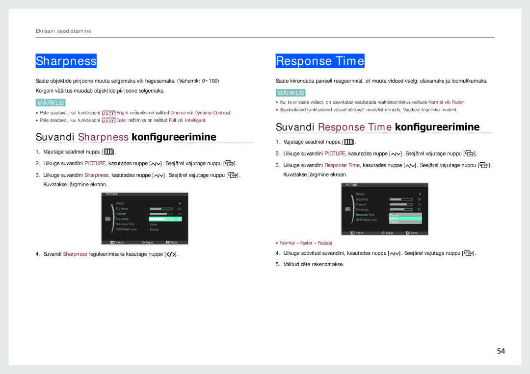 Samsung LC27B750XS/EN, LC24B750XS/EN Suvandi Sharpness konfigureerimine, Suvandi Response Time konfigureerimine 