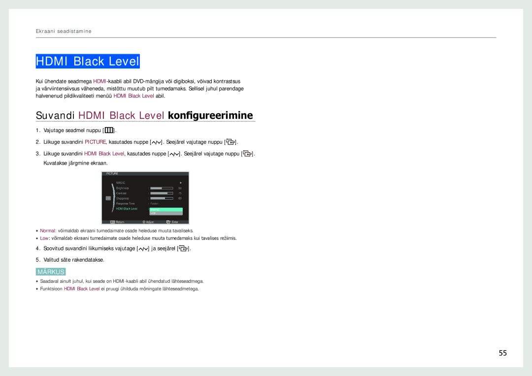 Samsung LC24B750XS/EN, LC27B750XS/EN, LC24B550US/EN manual Suvandi Hdmi Black Level konfigureerimine 