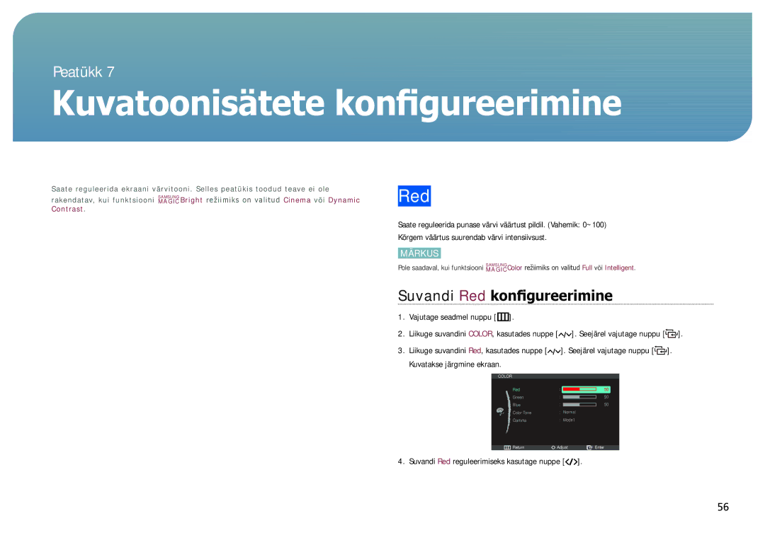 Samsung LC24B550US/EN, LC27B750XS/EN, LC24B750XS/EN manual Kuvatoonisätete konfigureerimine, Suvandi Red konfigureerimine 