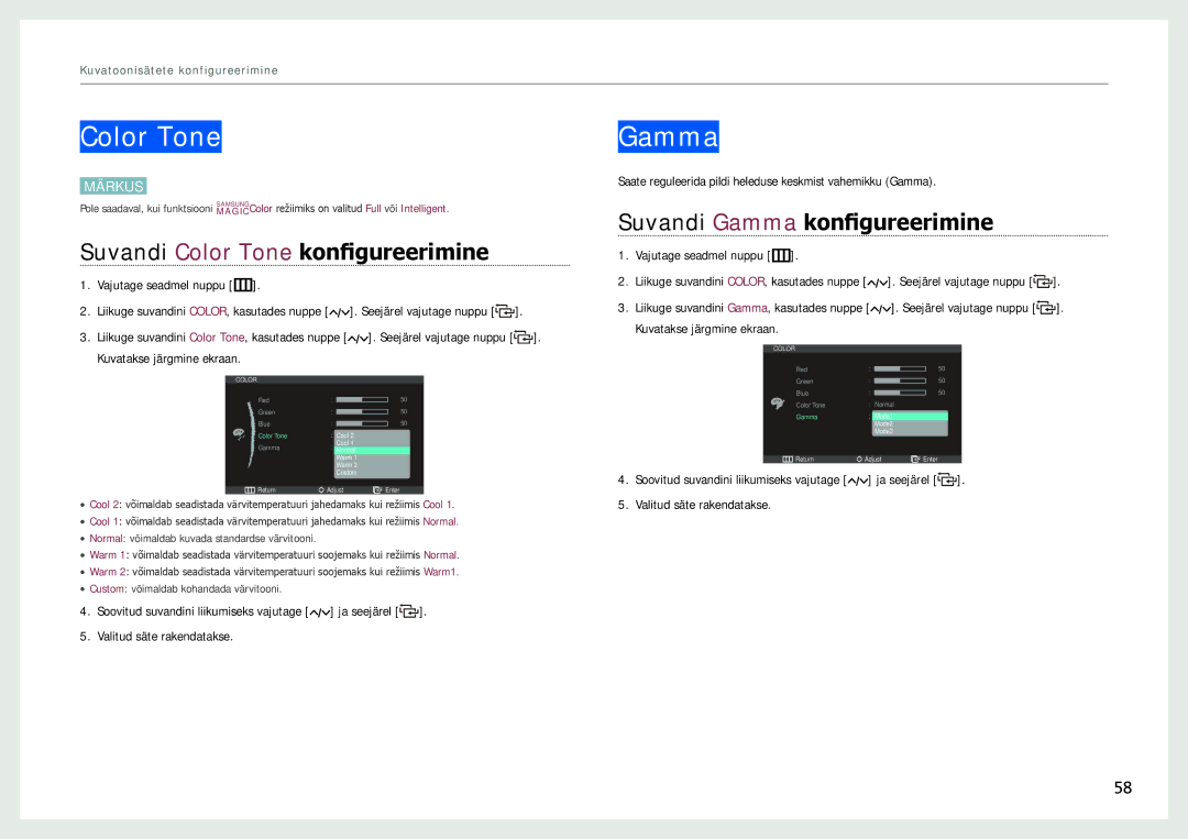 Samsung LC24B750XS/EN, LC27B750XS/EN manual Suvandi Color Tone konfigureerimine, Suvandi Gamma konfigureerimine 