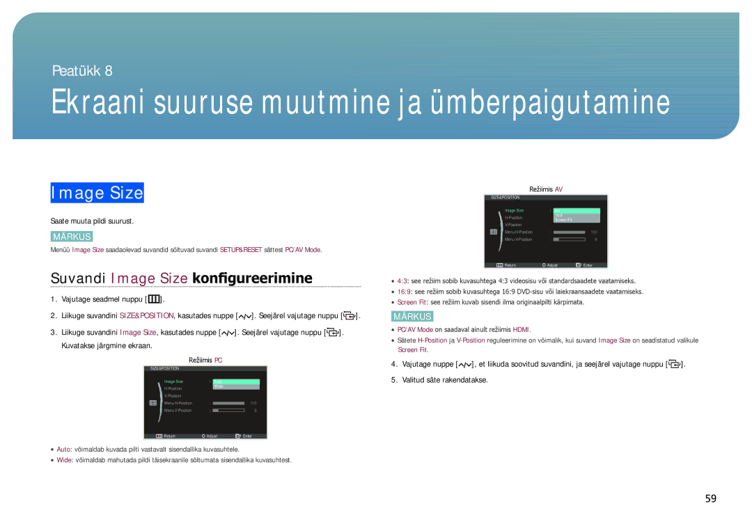 Samsung LC24B550US/EN, LC27B750XS/EN, LC24B750XS/EN manual Suvandi Image Size konfigureerimine 