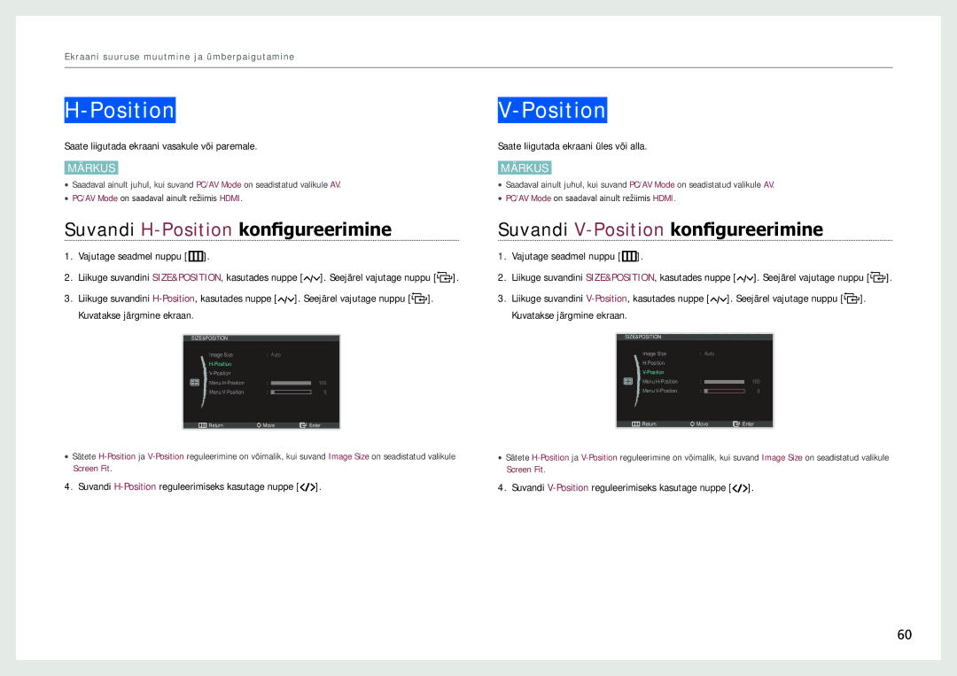 Samsung LC27B750XS/EN, LC24B750XS/EN manual Suvandi H-Positionkonfigureerimine, Suvandi V-Positionkonfigureerimine 
