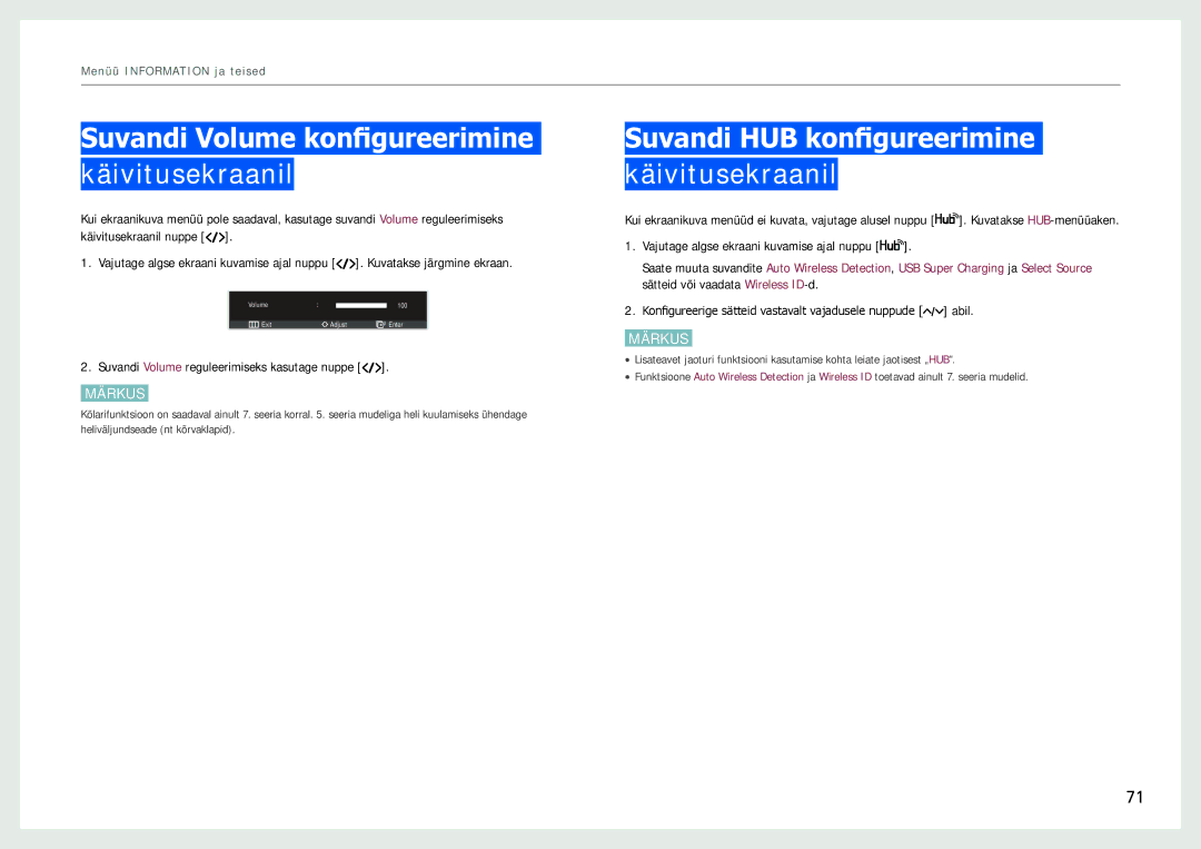 Samsung LC24B550US/EN Suvandi Volume konfigureerimine käivitusekraanil, Suvandi HUB konfigureerimine käivitusekraanil 