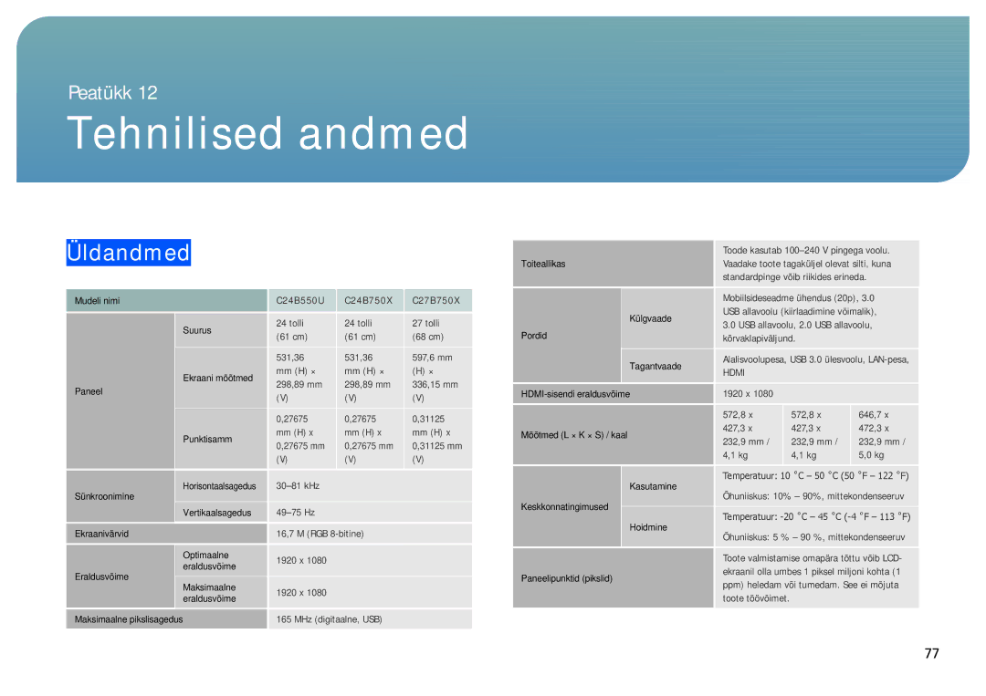 Samsung LC24B550US/EN, LC27B750XS/EN, LC24B750XS/EN manual Tehnilised andmed, Üldandmed 