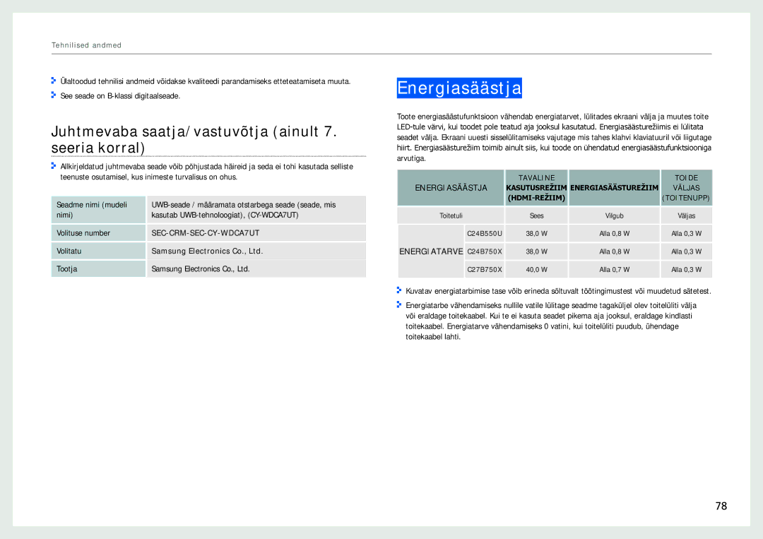 Samsung LC27B750XS/EN, LC24B750XS/EN, LC24B550US/EN Energiasäästja, Juhtmevaba saatja/vastuvõtja ainult 7. seeria korral 