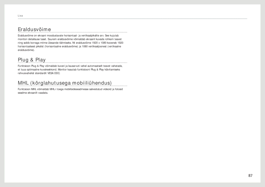 Samsung LC27B750XS/EN, LC24B750XS/EN, LC24B550US/EN manual Eraldusvõime, Plug & Play, MHL kõrglahutusega mobiiliühendus 