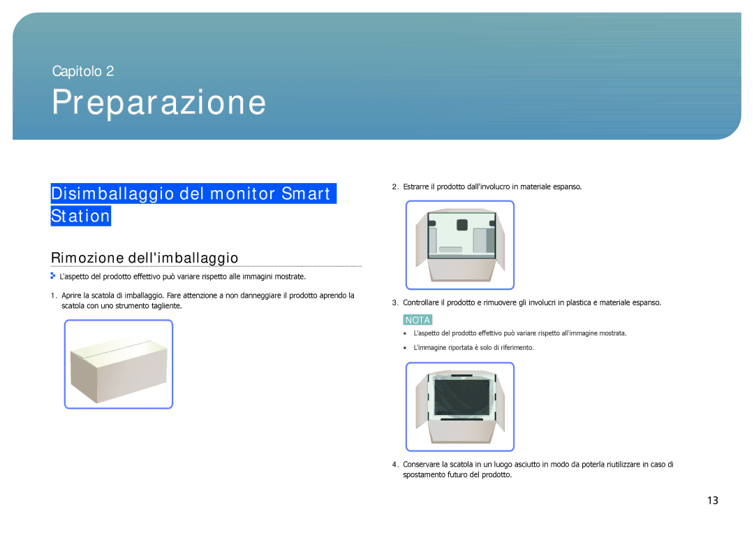 Samsung LC24B750XS/EN, LC27B750XS/EN Preparazione, Disimballaggio del monitor Smart Station, Rimozione dellimballaggio 