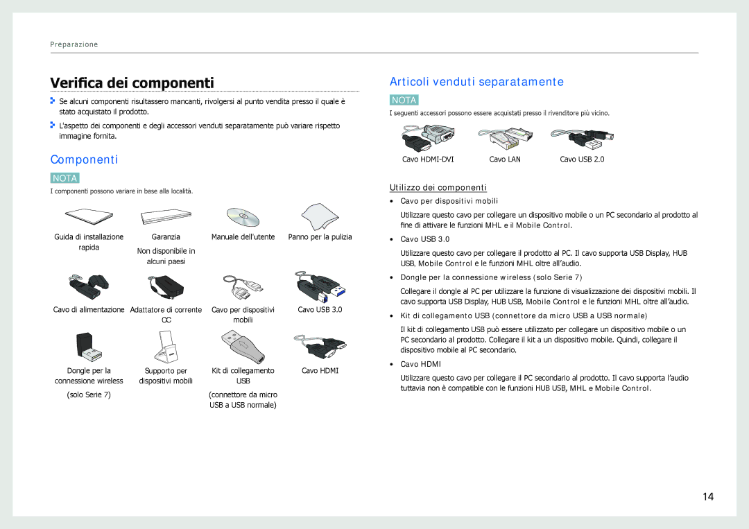 Samsung LC27B750XS/EN manual Verifica dei componenti, Componenti, Articoli venduti separatamente, Utilizzo dei componenti 