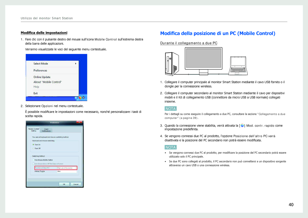 Samsung LC27B750XS/EN, LC24B750XS/EN manual Modifica della posizione di un PC Mobile Control, Modifica delle impostazioni 