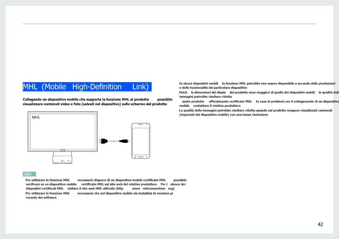 Samsung LC27B750XS/EN, LC24B750XS/EN manual Utilizzo della funzione MHL, MHL Mobile High-Definition Link 