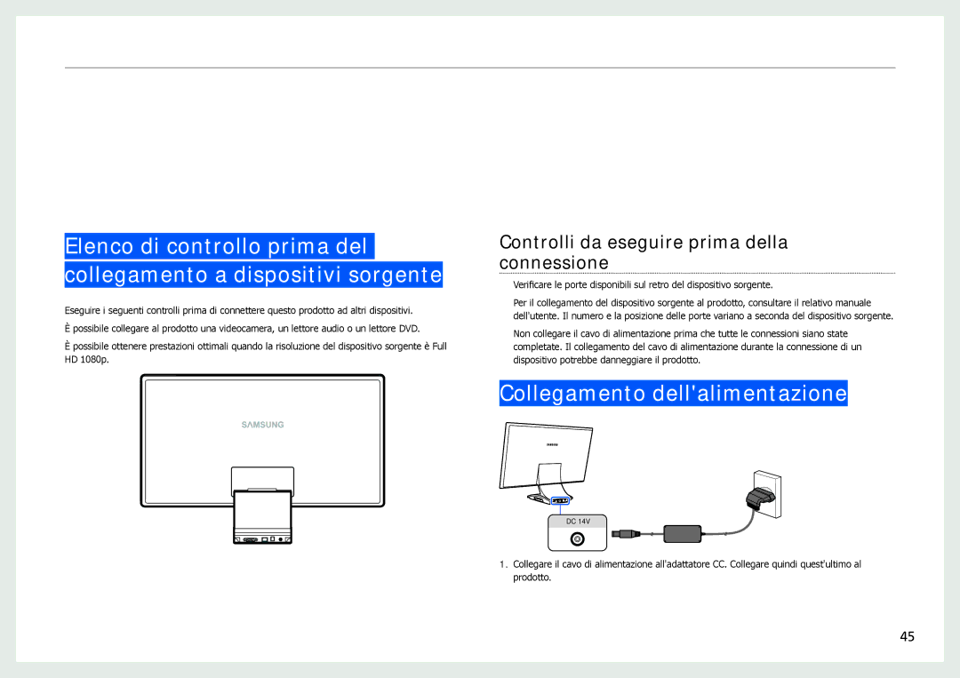 Samsung LC24B750XS/EN, LC27B750XS/EN manual Collegamento dellalimentazione, Controlli da eseguire prima della connessione 