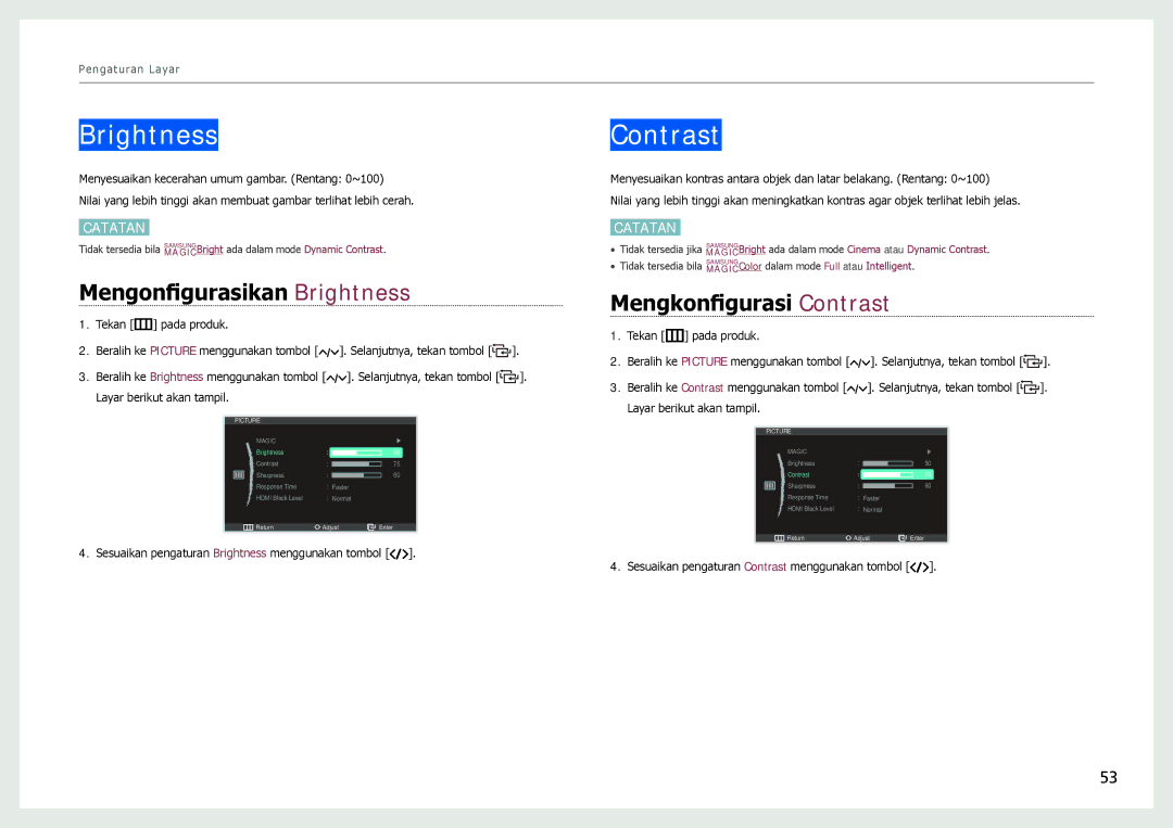 Samsung LC24B750XS/EN, LC27B750XS/EN manual Mengonfigurasikan Brightness, Mengkonfigurasi Contrast 