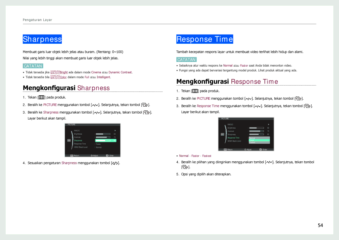 Samsung LC27B750XS/EN, LC24B750XS/EN manual Mengkonfigurasi Sharpness, Mengkonfigurasi Response Time 