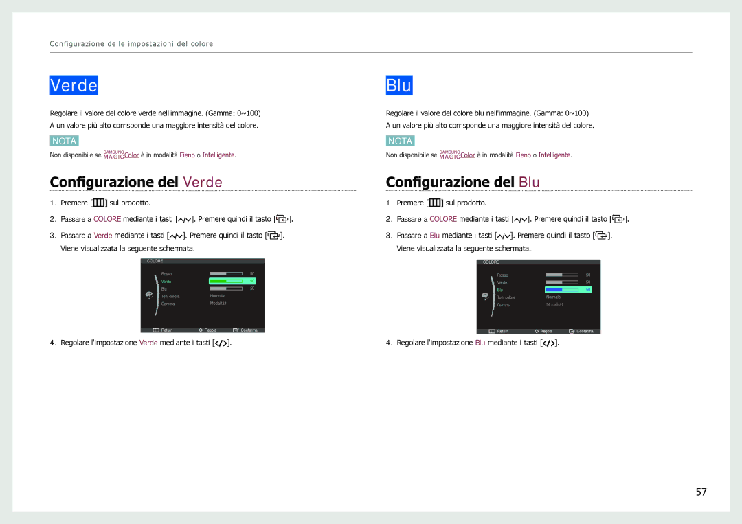 Samsung LC24B750XS/EN, LC27B750XS/EN manual Configurazione del Verde, Configurazione del Blu 