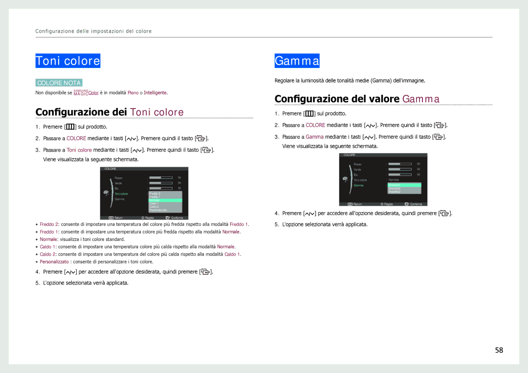 Samsung LC27B750XS/EN, LC24B750XS/EN manual Configurazione dei Toni colore, Configurazione del valore Gamma 