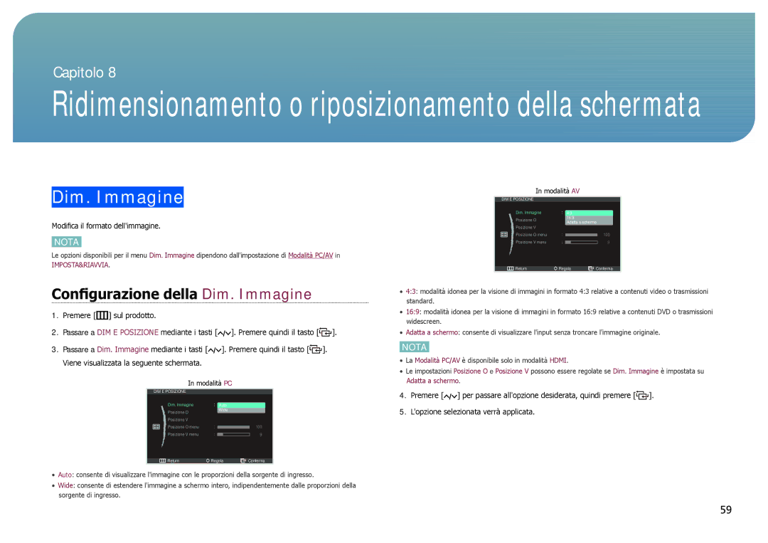 Samsung LC24B750XS/EN, LC27B750XS/EN manual Configurazione della Dim. Immagine 