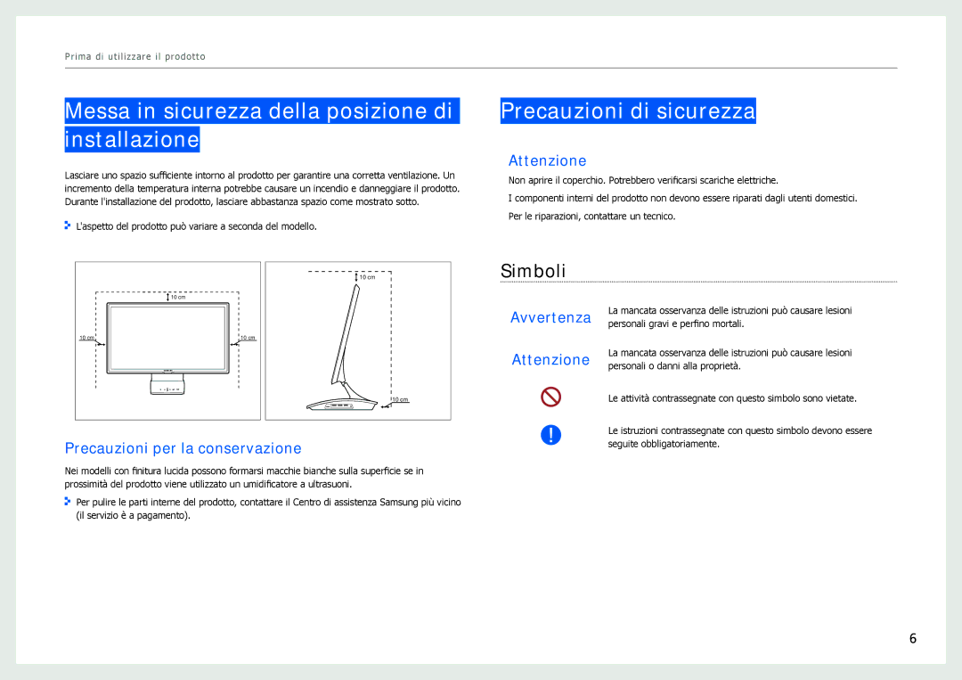 Samsung LC27B750XS/EN manual Messa in sicurezza della posizione di installazione, Precauzioni di sicurezza, Simboli 