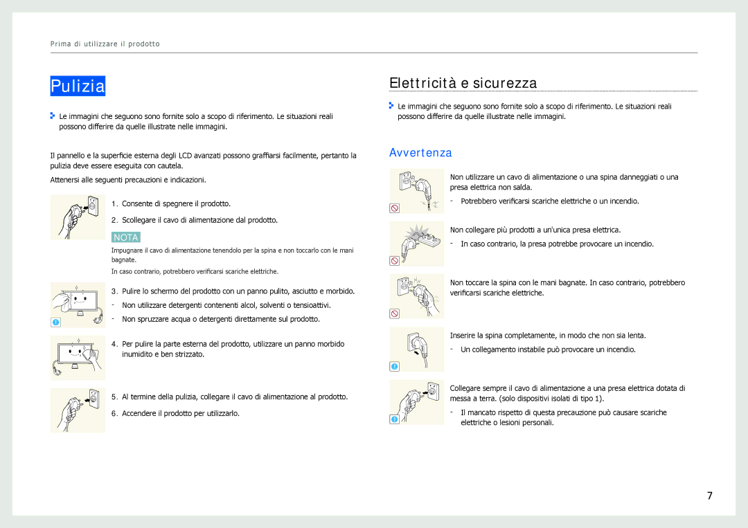 Samsung LC24B750XS/EN, LC27B750XS/EN manual Pulizia, Elettricità e sicurezza, Avvertenza 