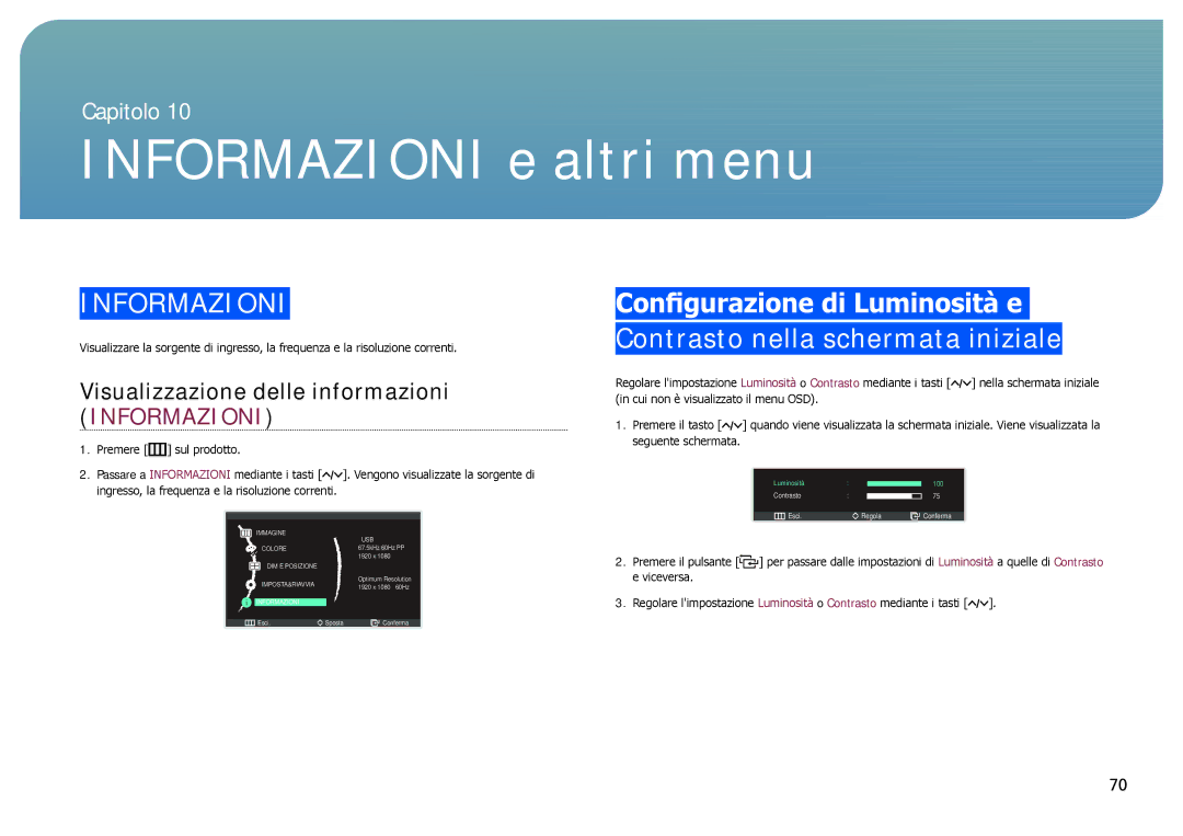 Samsung LC27B750XS/EN, LC24B750XS/EN manual Informazioni e altri menu, Visualizzazione delle informazioni 