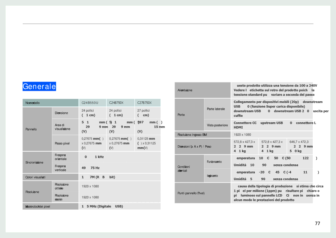Samsung LC24B750XS/EN, LC27B750XS/EN manual Specifiche, Generale 